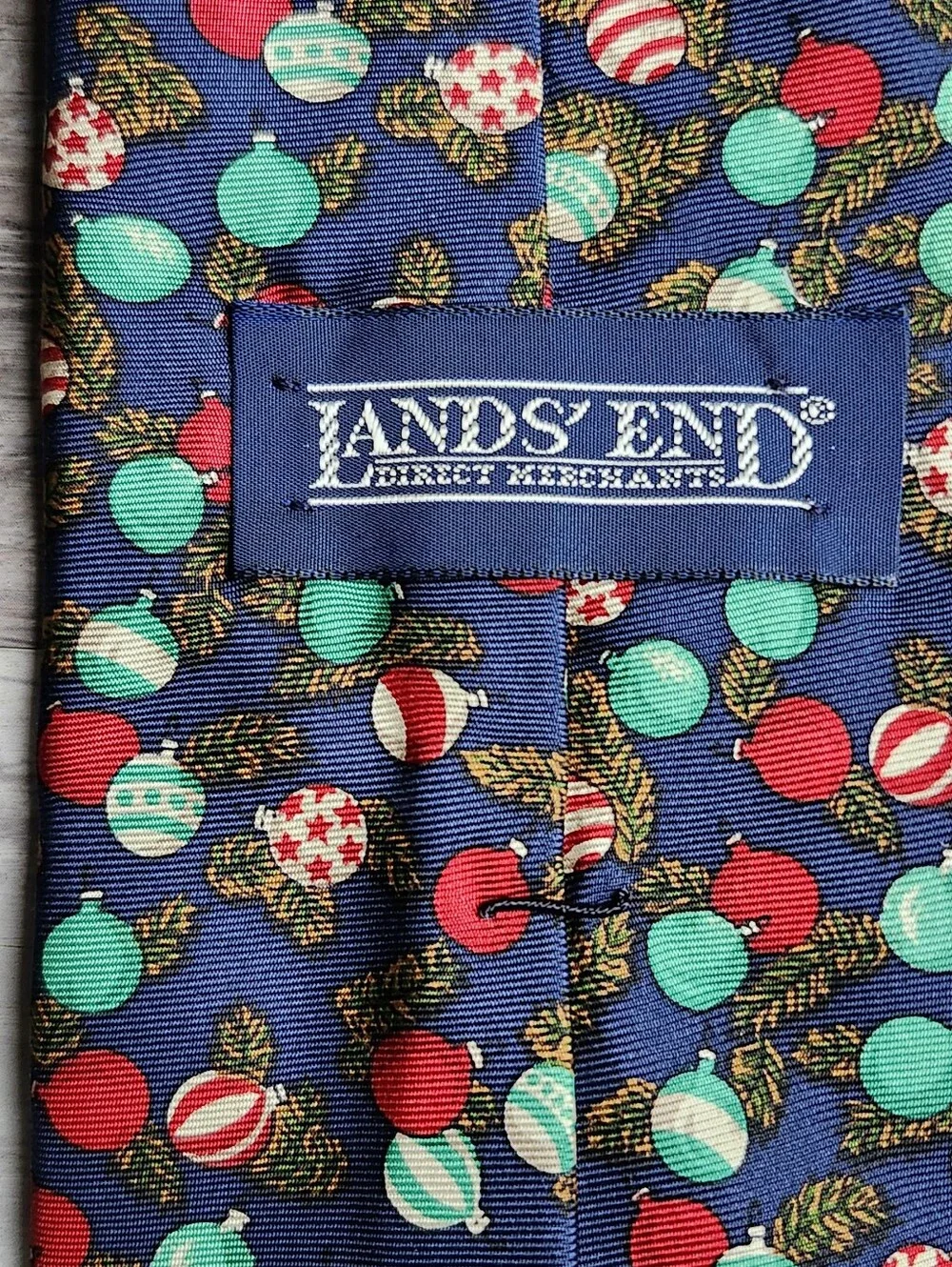 Lands End Christmas Tie 100% Silk USA Navy Ornament Holiday Novelty Necktie